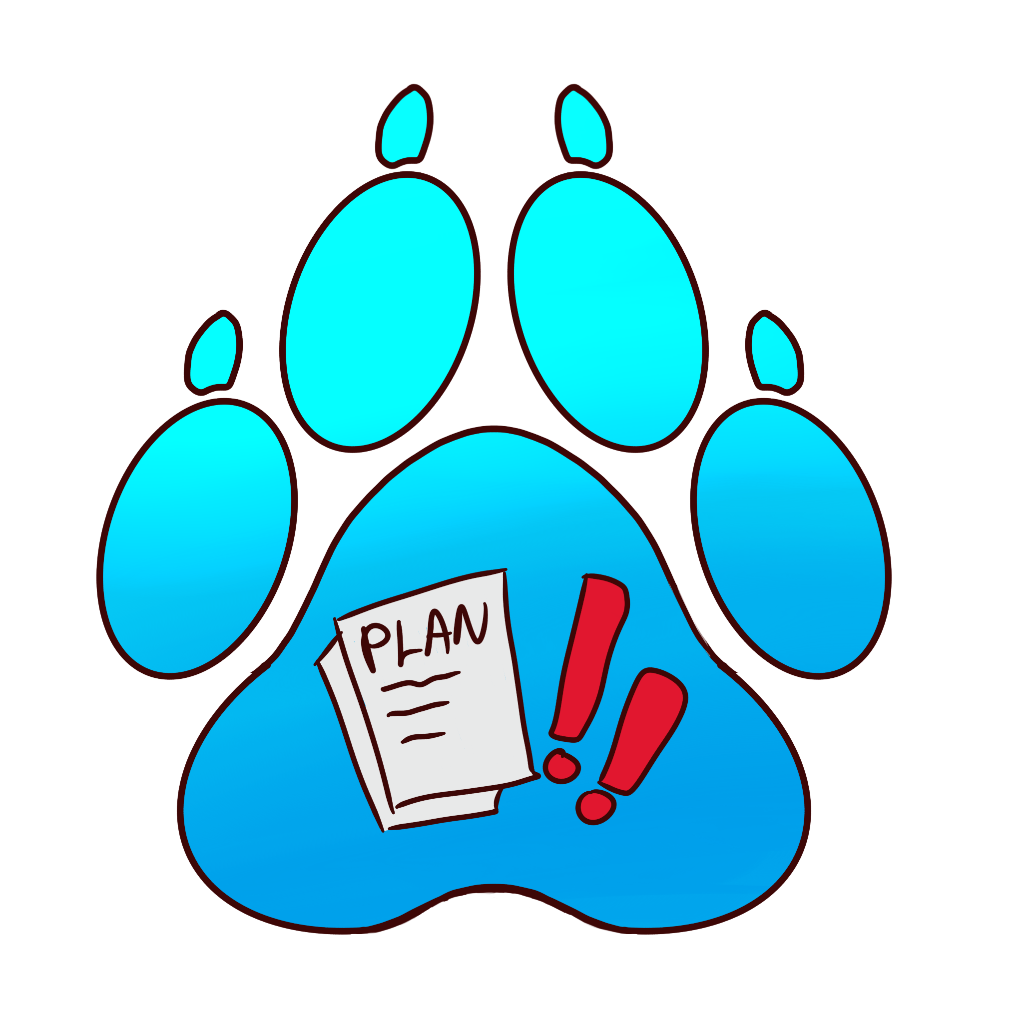  a cyan paw with a paper that says plan on it and two red exclamation marks.